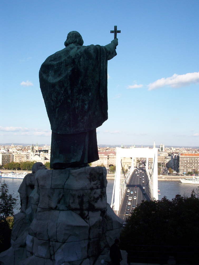 Budapest -- Statue overlooking bridge