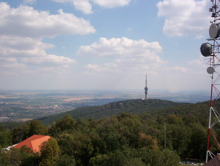 Hills above Pécs -- small town, Pécsvarad, in the distance, TV tower